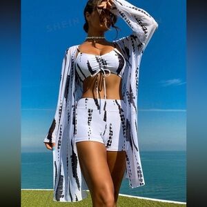 Summer Beach Women's Tie-Dye Drawstring Front Bikini Set + Kimono